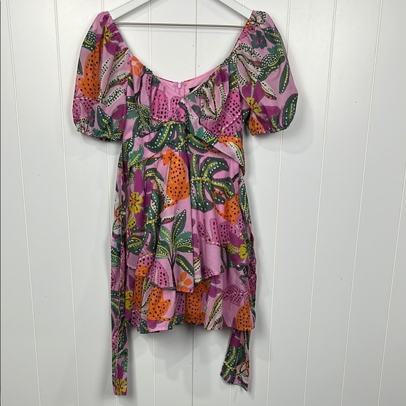 Crystal Sky Womens Mini Dress M Pink Orange Puffy Sleeves Zip Back Tie Sash EUC - Picture 1 of 16